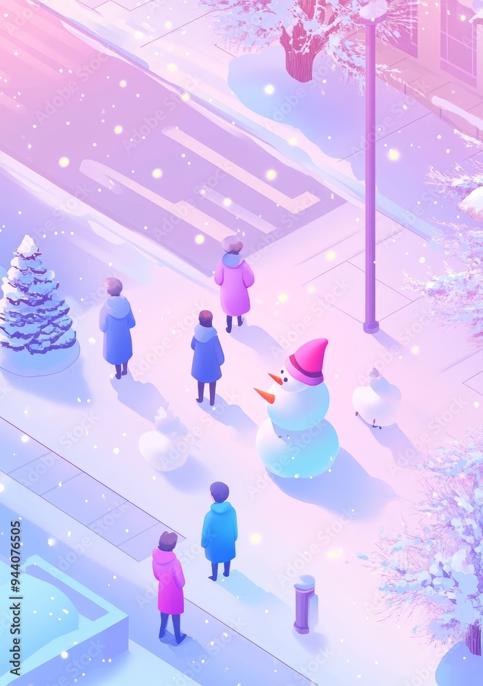 Isometric drawing of people having fun during Christmas in the snow Isometric drawing of people having fun during Christmas in the snow