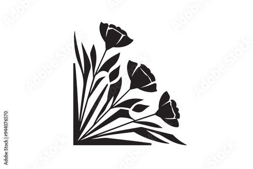 Black flowers corner decoration isolated on White background. Vector illustration photo