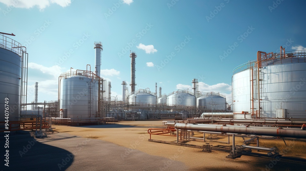 Obraz premium A photo of a biofuel refinery with tanks and pipes.