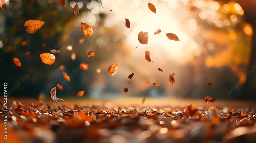Autumn background with copy space of beautiful autumn leaves falling in a blurred forest at sunset, during the golden hour. Autumn nature background for design and texture Autumn background with copy space of beautiful autumn leaves falling in a blurred forest at sunset, during the golden hour. Autumn nature background for design and texture