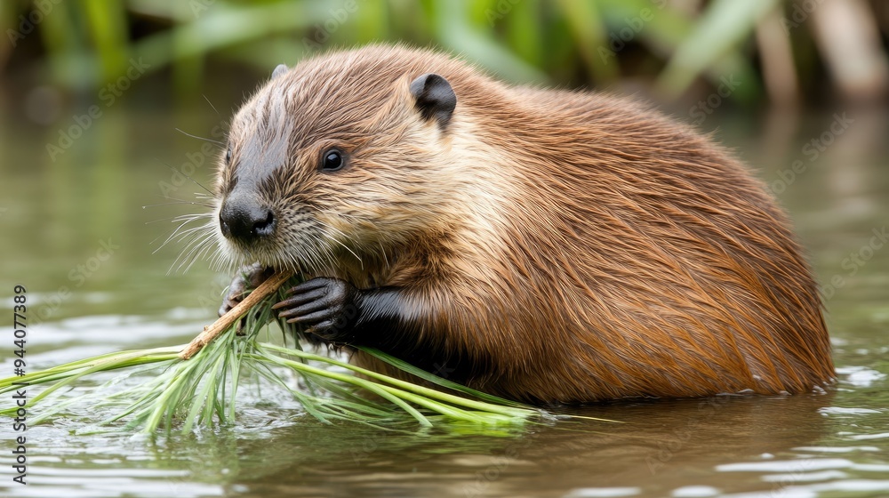 A beaver gathers branches and sticks to construct its dam in a wild river, set against a tranquil backdrop of green grass along the water's edge A beaver gathers branches and sticks to construct its dam in a wild river, set against a tranquil backdrop of green grass along the water's edge