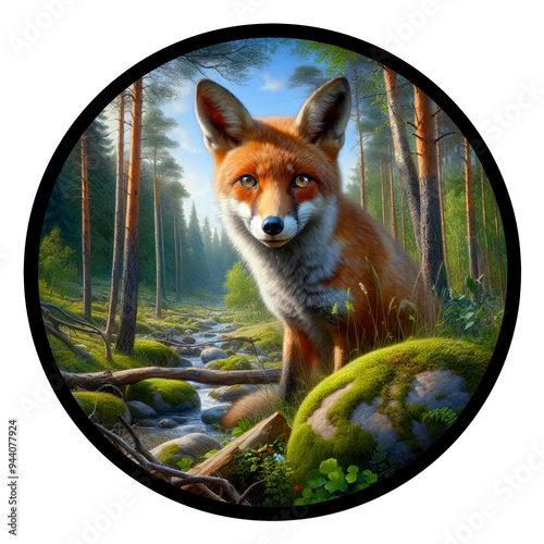 A circular 3D rendered watercolor painting of a Fox, isolated on a transparent background photo