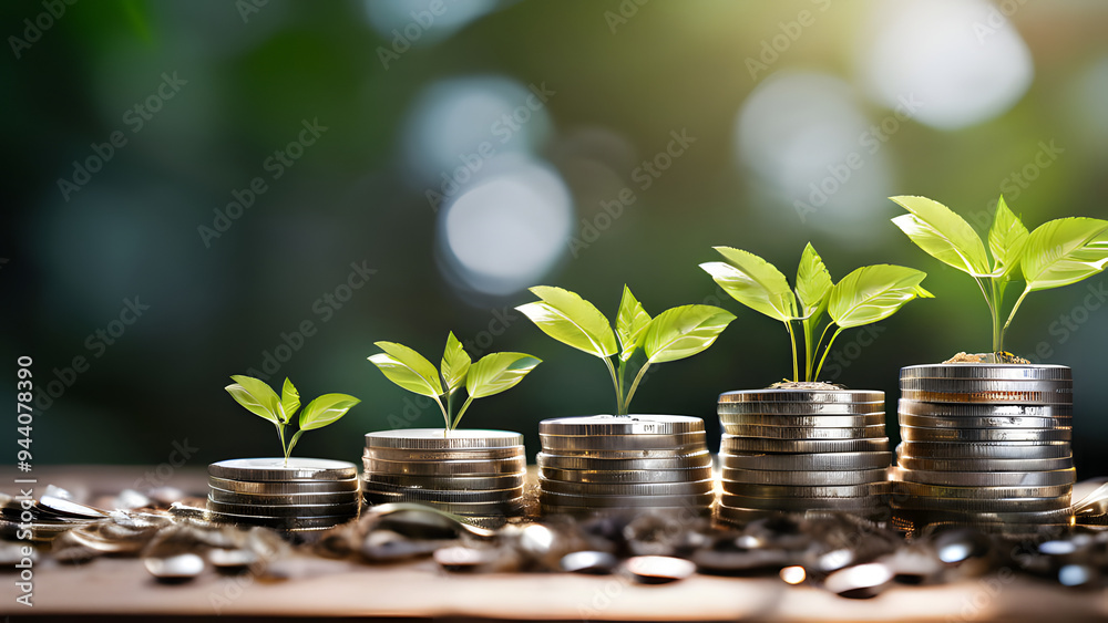 Plants are planted into a pile of silver & gold coins on an out-of-focus background. Business growth concept and investment