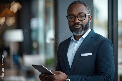 Confident business professional holding a tablet, showcasing modern technology and smart attire in an elegant workspace.