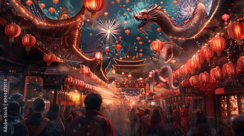 Traditional Chinese New Year festival with red lanterns, dragon dance, and fireworks, set against a bustling market street Traditional Chinese New Year festival with red lanterns, dragon dance, and fireworks, set against a bustling market street