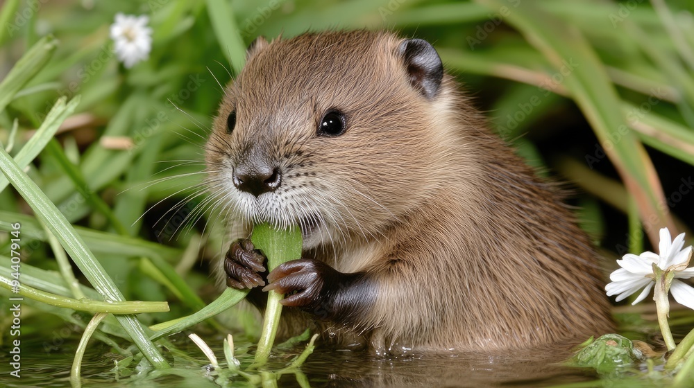 A beaver gathers branches and sticks to construct its dam in a wild river, set against a tranquil backdrop of green grass along the water's edge A beaver gathers branches and sticks to construct its dam in a wild river, set against a tranquil backdrop of green grass along the water's edge