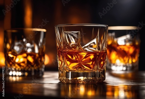 close shot whiskey glass rich amber liquid swirling elegantly highlighting texture reflections, textured, beverage, drink, alcoholic, cocktail, bar, spirits
