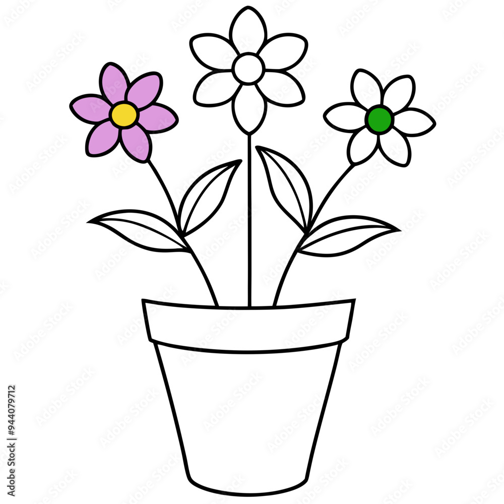 Flowering Potted Plant line art Vector on White Background Flowering Potted Plant line art Vector on White Background