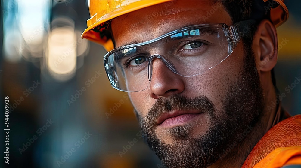 Focused construction worker wearing safety gear, showcasing professionalism and diligence in a demanding work environment. Focused construction worker wearing safety gear, showcasing professionalism and diligence in a demanding work environment.