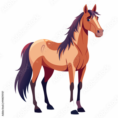 Standing brown horse with a purple tail and white bandages on its legs