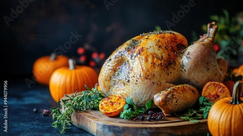 A closeup of a perfectly roasted turkey resting on a wooden board, surrounded by pumpkins and seasonal herbs, with the background softly blurred to allow space for text