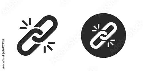 Indestructible icon, Broken Chain link indicating Hyperlink, lost connection, weakness, link off, automotive, Durable icon. Black outline vector.
