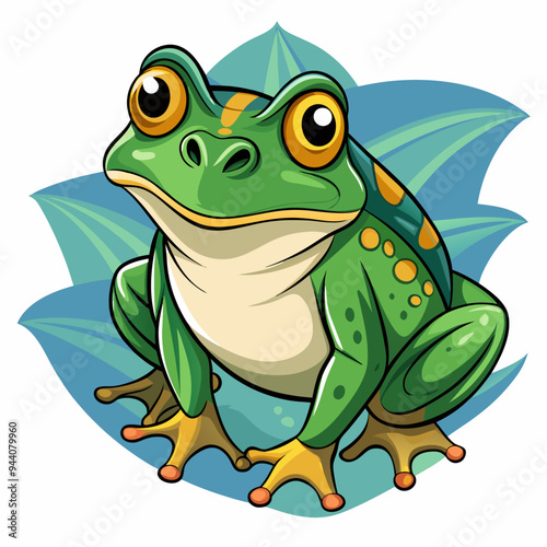 Cartoon Illustration of a Green Frog with Yellow Spots on a Blue and Green Background
