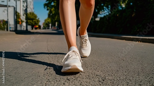 A woman's legs in white sneakers walking down the street