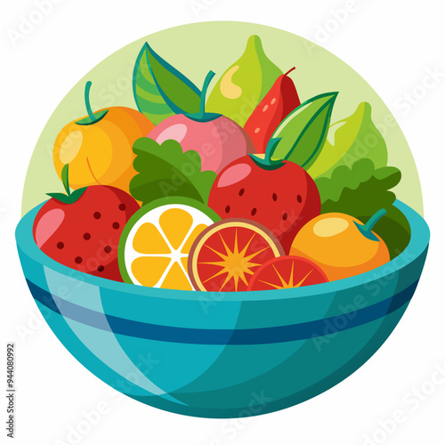 Colorful Fruit Salad in a Blue Bowl