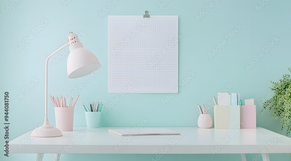 Minimalist white desk with neatly arranged stationery,workspace Minimalist white desk with neatly arranged stationery,workspace