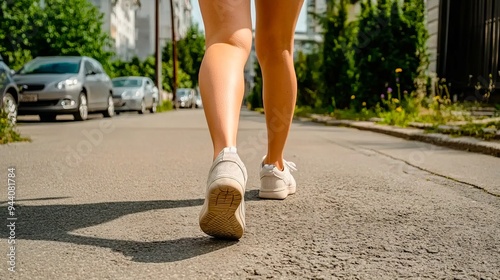 A woman walking down a street with her feet in white sneakers
