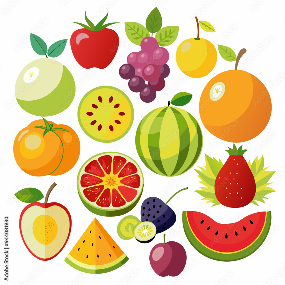 Colorful Illustration of Various Fruits and Berries Colorful Illustration of Various Fruits and Berries