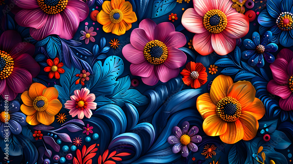 Floral Illustration with Blue, Orange, and Purple Flowers on a Dark Blue Background Floral Illustration with Blue, Orange, and Purple Flowers on a Dark Blue Background