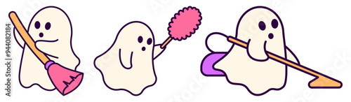 Cute Halloween Ghost Character Cleaning House Activity, Cartoon Character Vector Style
