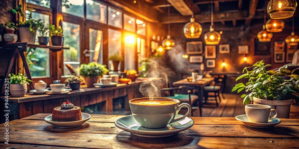 Cozy morning atmosphere in a rustic coffee shop, warm lighting illuminates steaming cups and saucers amidst wooden tables and vintage decor. Cozy morning atmosphere in a rustic coffee shop, warm lighting illuminates steaming cups and saucers amidst wooden tables and vintage decor.