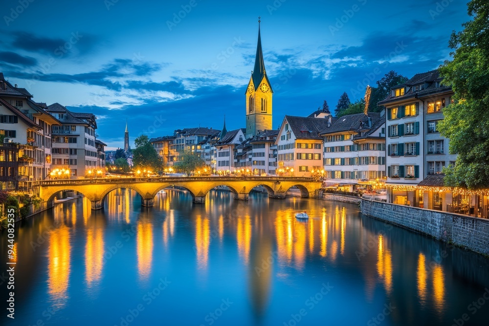 Fototapeta premium Taking a look at the River Limmat during Christmas celebrations in Zurich, Switzerland