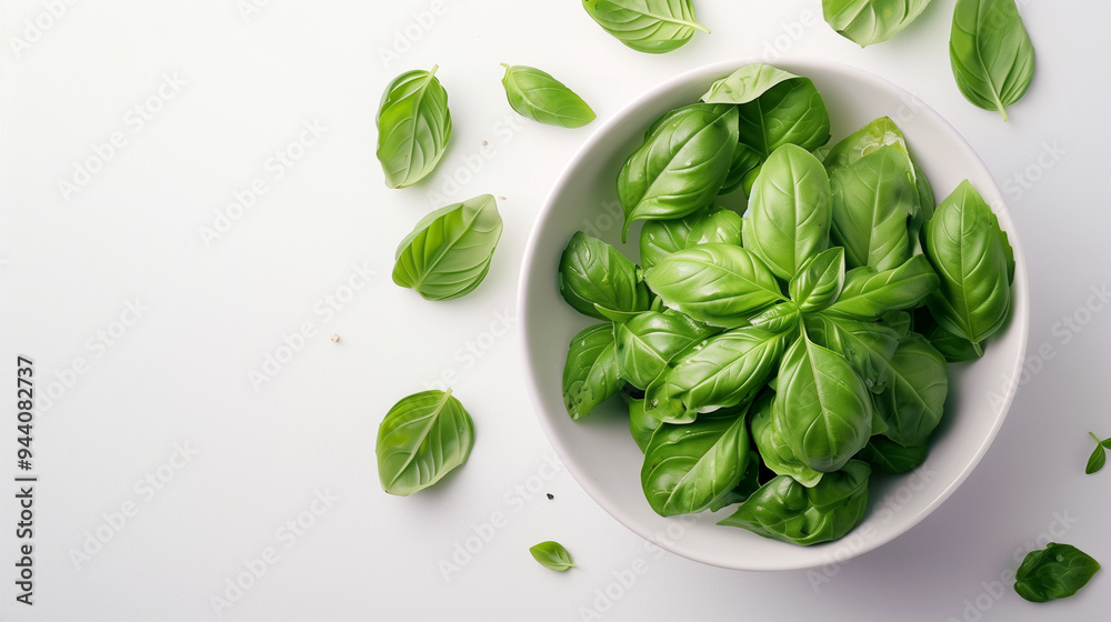 Obraz premium basil leaves in bowl, top view, white background png, space for copy, flat lay