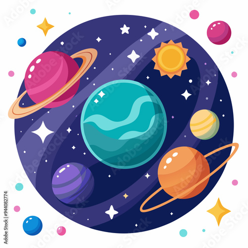 Cartoon Illustration of Planets, Stars, and the Sun in Space