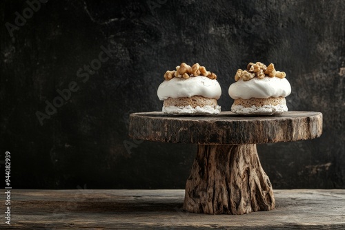 The chocolate swirl pavlova is topped with a caramelized pear and crushed pecans photo