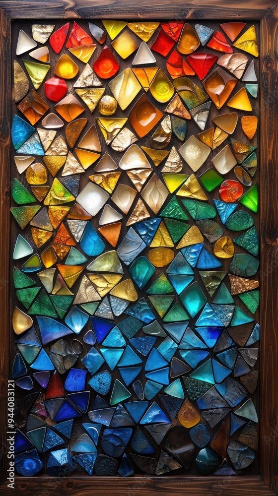 A close-up of a framed artwork consisting of a vibrant, multicolored glass mosaic A close-up of a framed artwork consisting of a vibrant, multicolored glass mosaic