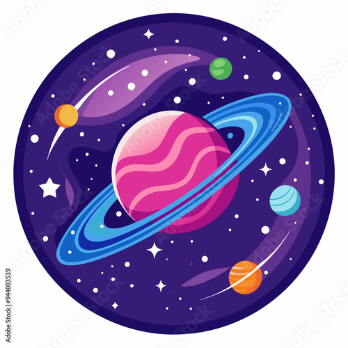 A Pink Planet with Rings in a Starry Space