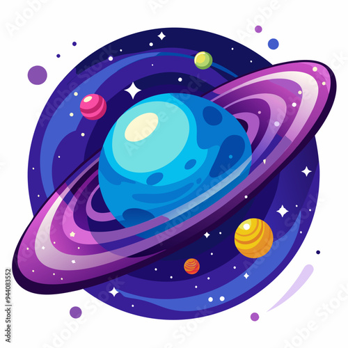 Colorful Planet with Rings in a Starry Galaxy