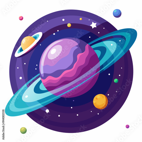 Colorful Planet with Rings in Space