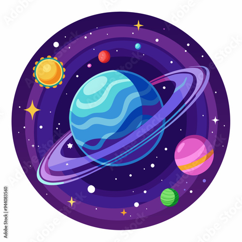 A Colorful Cartoon Illustration of a Planet in Space with Stars and Rings