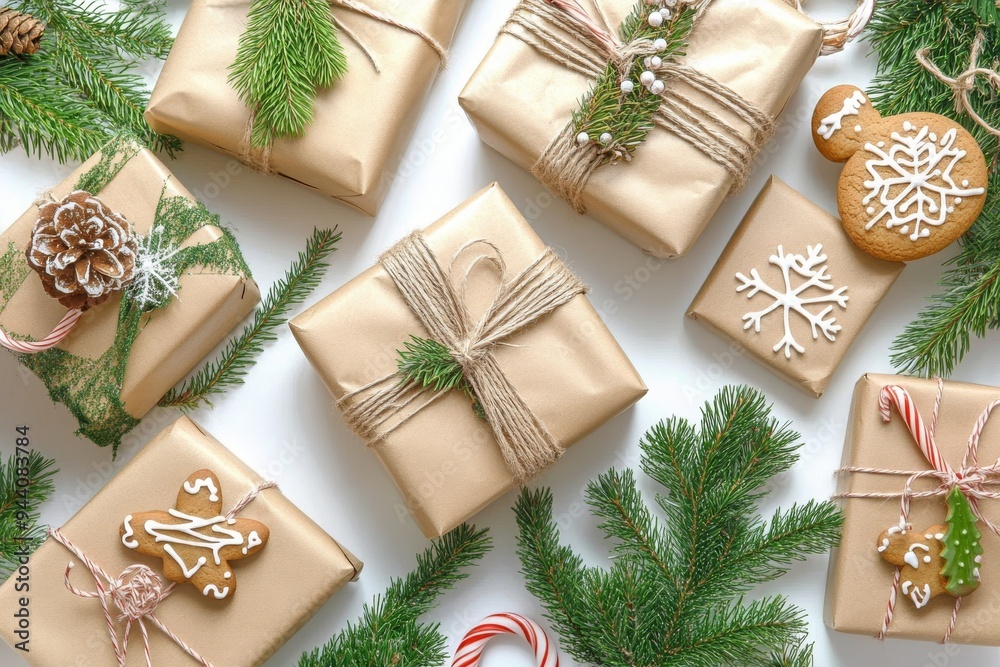 Fototapeta premium Rope and christmas decorations as Christmas gifts