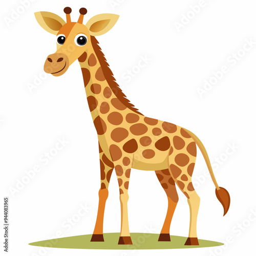 Cartoon Giraffe with Brown Spots Standing on Green Grass