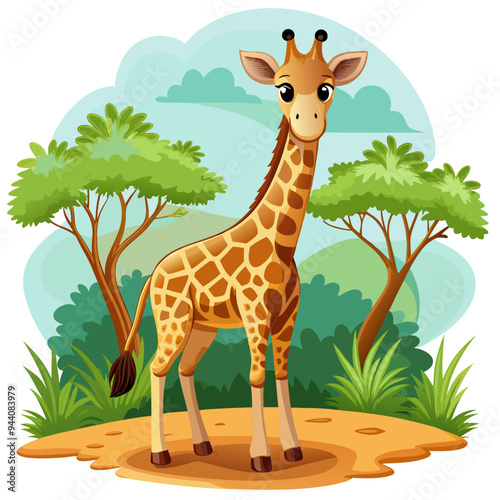 A Cartoon Giraffe Standing in a Green Meadow
