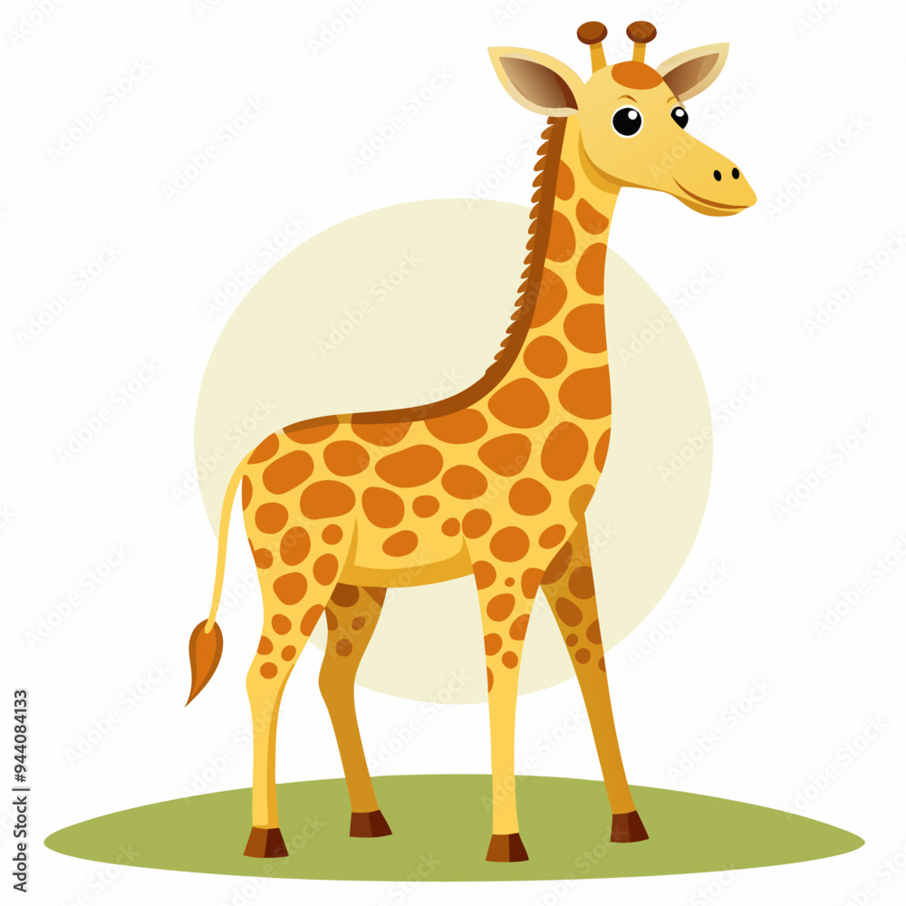 Fototapeta premium Cartoon Giraffe with Brown Spots Standing on Green Grass