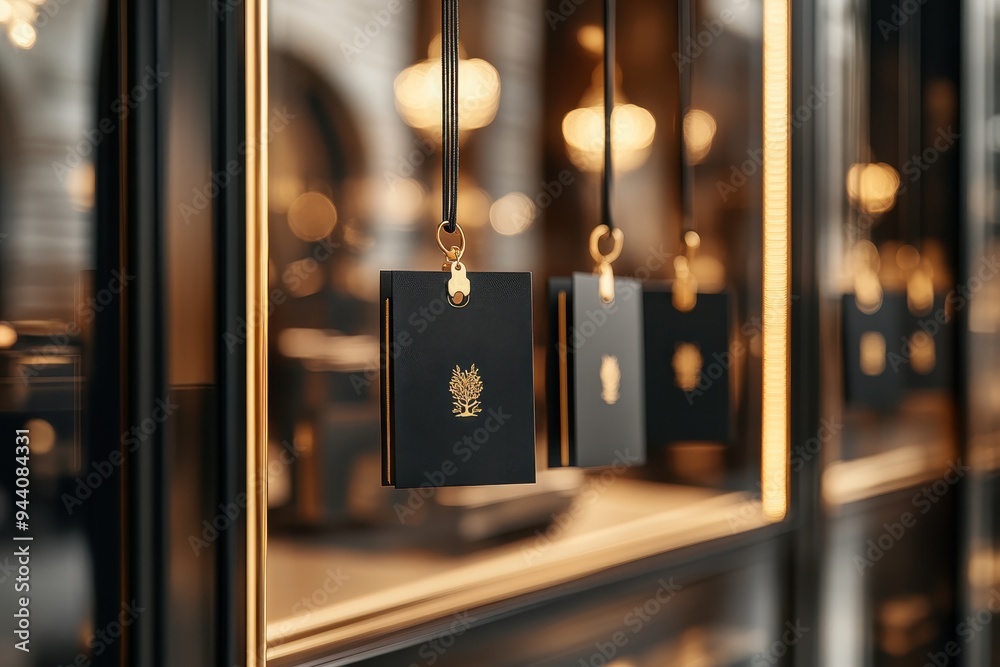 Midnight Luxury: Minimalist Black and Gold Boutique Window Display with Black Friday Sale Tags Midnight Luxury: Minimalist Black and Gold Boutique Window Display with Black Friday Sale Tags