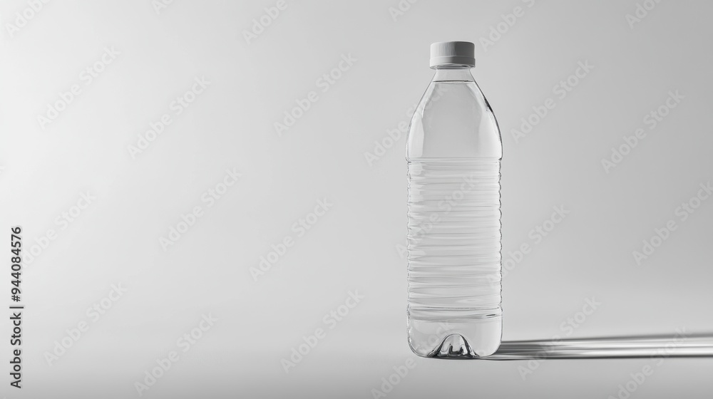 Transparent water bottle floating against a pure white background, emphasizing clarity and simplicity in a clean and minimalist design. Transparent water bottle floating against a pure white background, emphasizing clarity and simplicity in a clean and minimalist design.