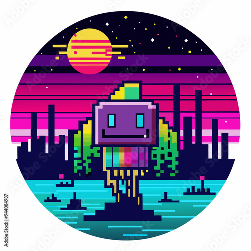 Pixelated Robot Standing in a Futuristic Cityscape at Night