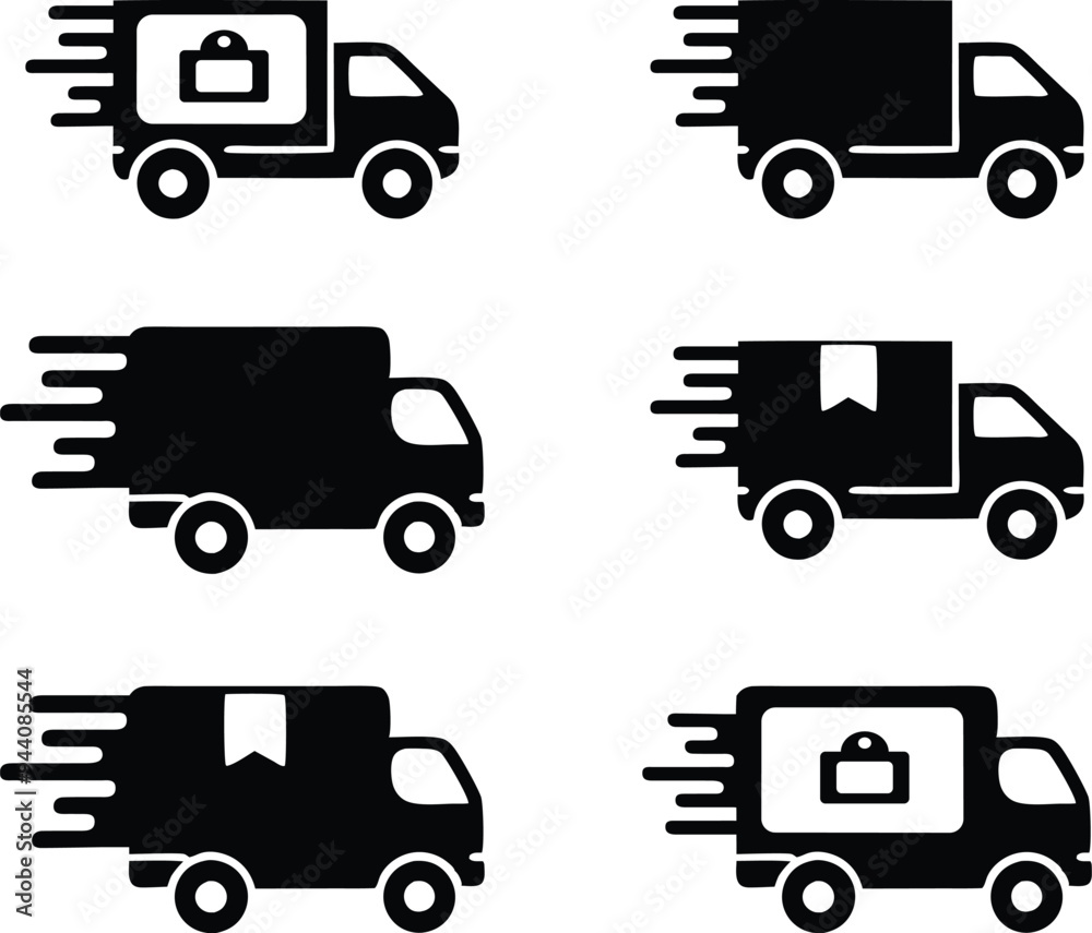 Delivery Truck icon set. Express delivery trucks icons. Fast shipping truck. Free delivery 24 hours. Logistic trucking sign. Vector illustration. Delivery Truck icon set. Express delivery trucks icons. Fast shipping truck. Free delivery 24 hours. Logistic trucking sign. Vector illustration.