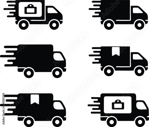 Delivery Truck icon set. Express delivery trucks icons. Fast shipping truck. Free delivery 24 hours. Logistic trucking sign. Vector illustration.