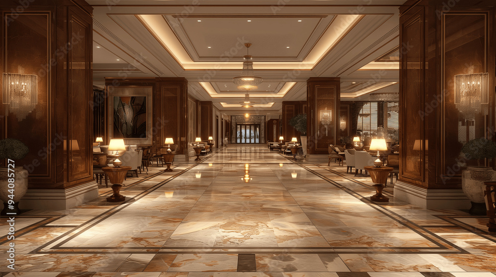 Naklejka premium Elegant hotel lobby with luxurious marble flooring and warm lighting. Copy space. Generative AI 