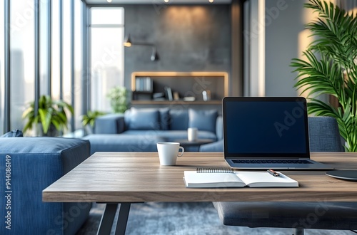 modern home office setup with an open laptop on the desk,workspace