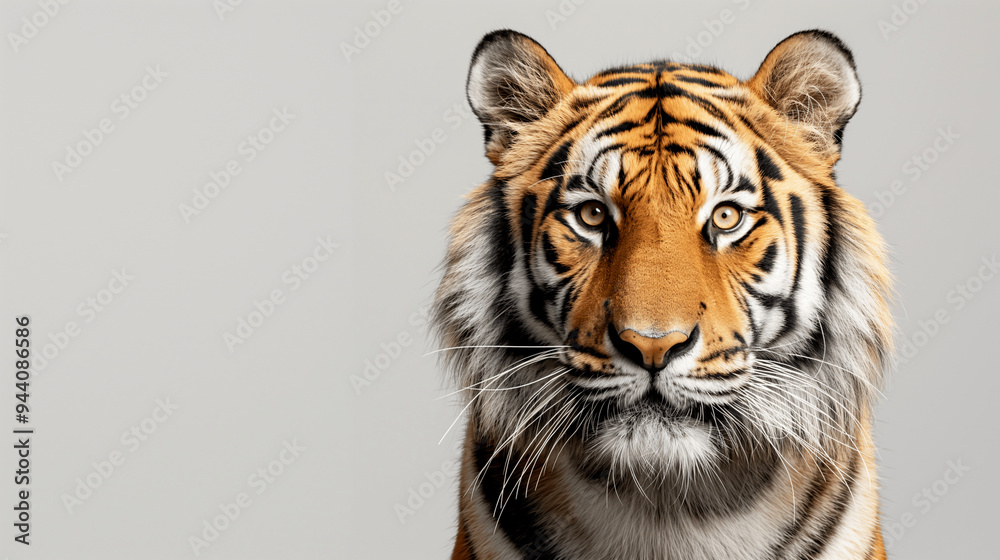 Obraz premium Majestic tiger staring directly at the camera on a plain background. Copy space. Generative AI