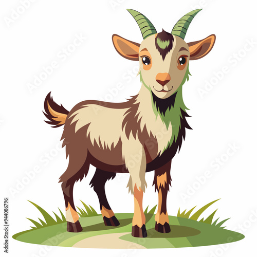 Cartoon illustration of a brown and white goat with green horns standing on a patch of green grass