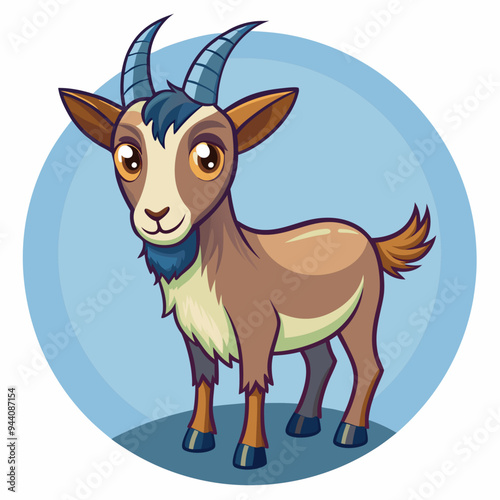 Cartoon Illustration of a Brown Goat with Blue Horns