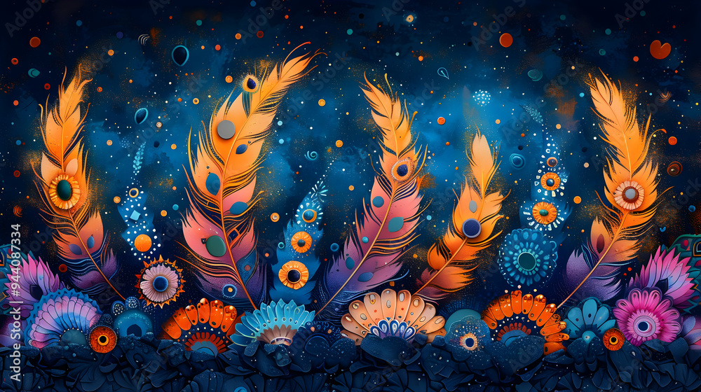 Abstract Background with Colorful Feathers and Flowers Illustration Abstract Background with Colorful Feathers and Flowers Illustration