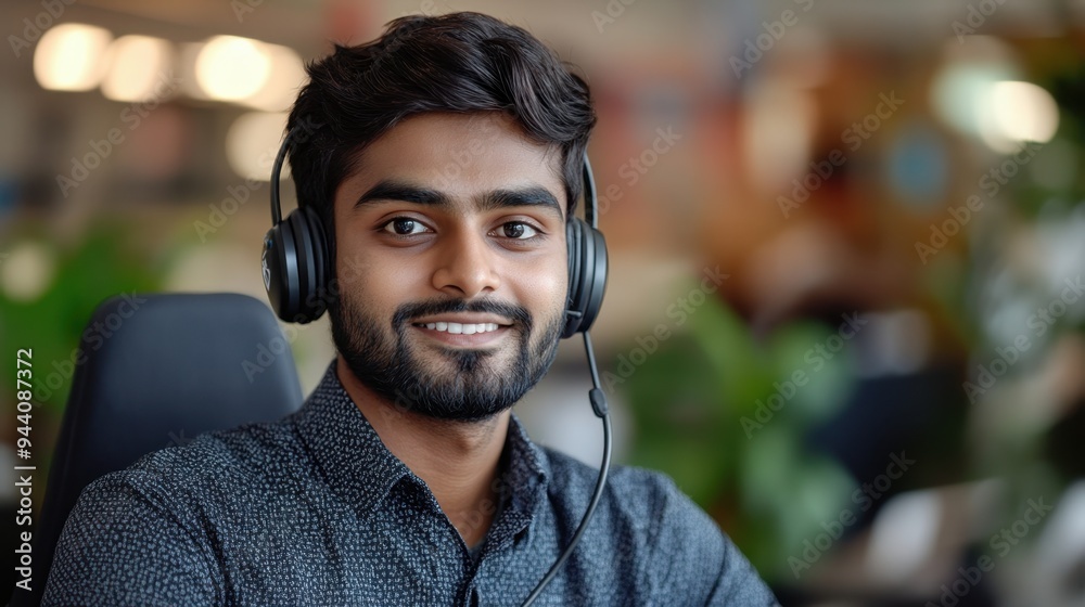 headshot of indian rep wearing headset in office setting, epitomizing customer support service, with banner conveying the concept headshot of indian rep wearing headset in office setting, epitomizing customer support service, with banner conveying the concept